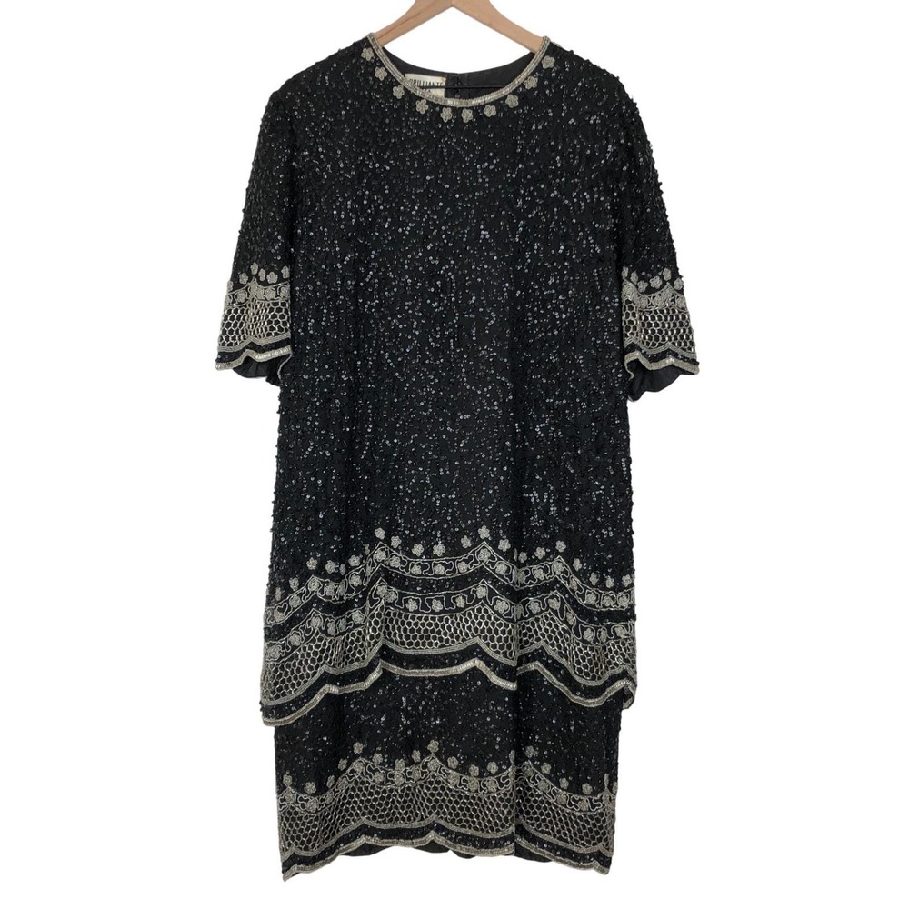 VTG Sequin Beaded Midi Dress Brilliante by JA Sz L Black Art Deco‎ Flapper Gown